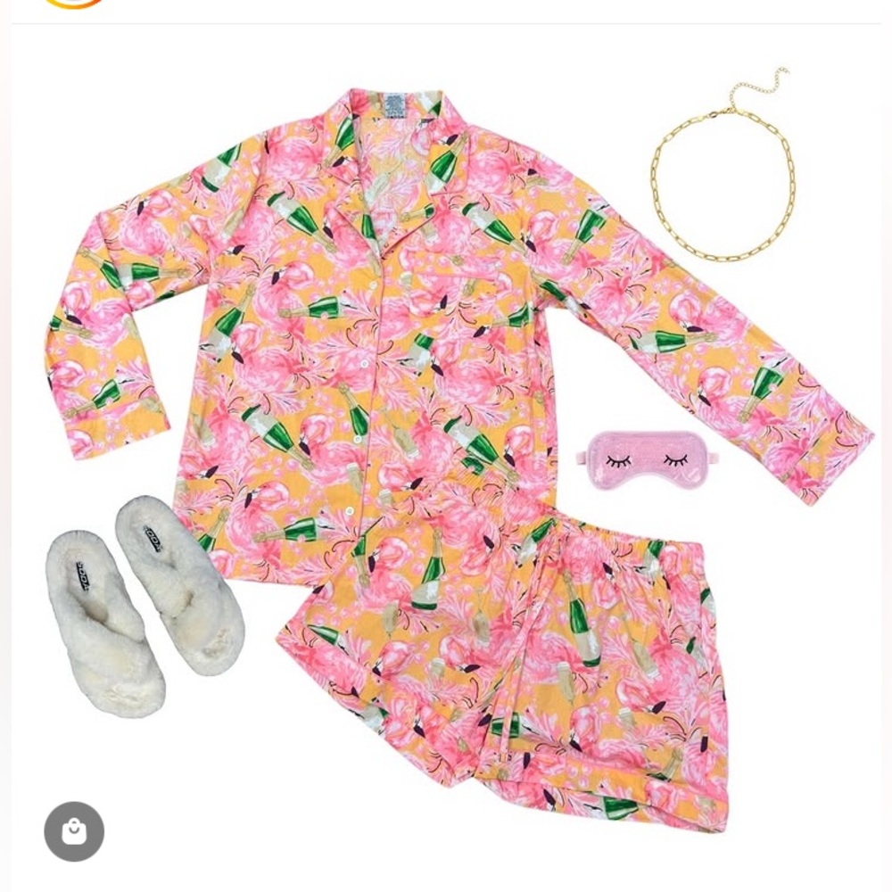 8 Oak Lane Flamingo Bubbly Long Sleeve Cotton Shorts Set Button-up Top Size L/XL - Picture 3 of 12